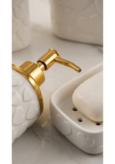Makri Home 5 Parça Banyo Seti, Kalp Desenli, Beyaz Gold, Kare, Click Kapaklı, Hacim: 8 Litre Altın - Beyaz