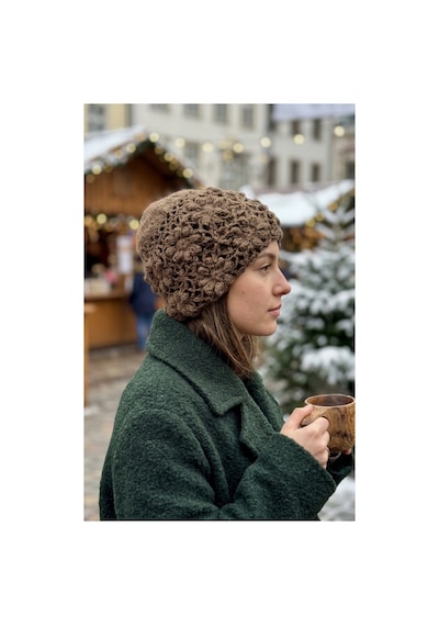 Emybox El Örgüsü Siyah Kadın Bere Tığ İşi Çiçek Motifli Bohem Kışlık Şapka - Vintage Stil Yumuşak Örgü Bere Modeli Kahverengi