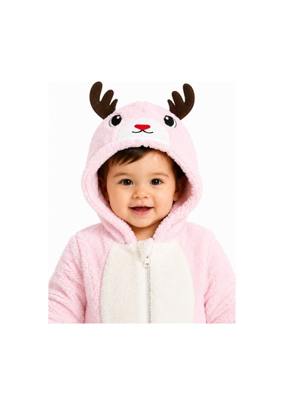 Tatlı Geyik Desenli Welsoft Bebek Tulumu Kapüşonlu Peluş Fermuarlı Kışlık Unisex Bebek Tulumu Pembe