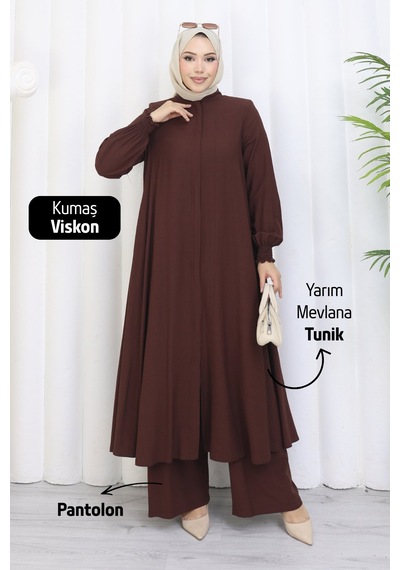 Rahvel Umre Takımı Viskon Kumaş Tunik Pantolon Bir Arada Terletmez İç Göstermez Acı Kahve Acı Kahverengi