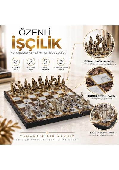Lüks Metal Satranç Takımı Osmanlı Bizans Figürlü Krom Kehribar Mermer Desenli 20 X 20 Premium Hediye