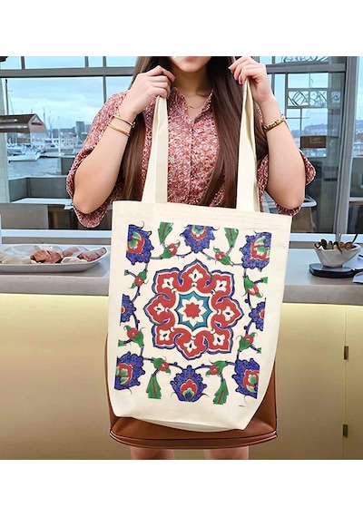 Türk El Sanatları İç Cepli Körüklü Örgü Kulplu Kanvas Çanta 35x40x10 Cm - No.03 Beyaz - Siyah