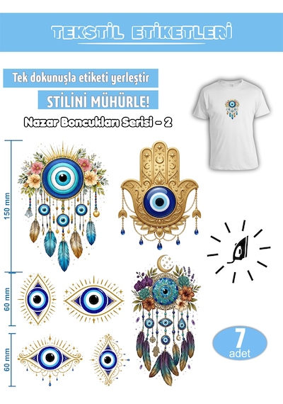 Ütü İle Yapışan Kıyafet Etiketi Nazar Boncukları Serisi -2 7li Set Karışık