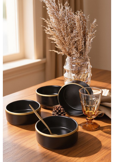 Keramika Mat Siyah Gold Fileli Stackable Kase 14 Cm 4 Adet