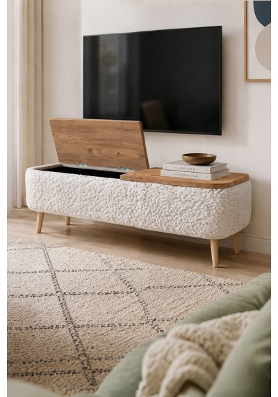 Sandıklı Tv Ünitesi Teddy Kumaş Kaplamalı Ahşap Ayaklı Modern Tv Ünitesi Sarven Beyaz