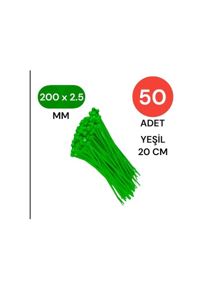 Yeşil Plastik Kablo Bağı 200mm X 2.5mm 50 Adet Cırt Kelepçe Seti Kablo Düzenleyici Bağ Standart