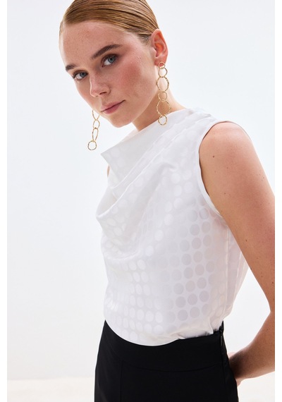 Sateen Puantiye Desenli Kolsuz Bluz - Ekru-136750 Ekru