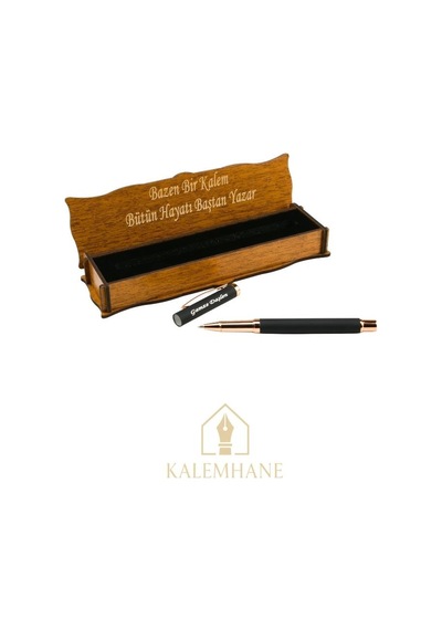 Kişiye Özel Roller Kalem , Rose Gold Ahşap Kutulu Siyah
