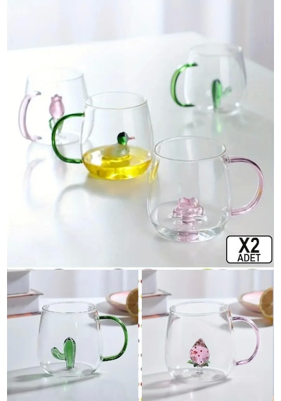 2'li Sevimli Karikatürler Bardağı Figürlü Cam Bardak 3d Kawaii Renkli Kulplu Sunum Fincanı 350 Ml.