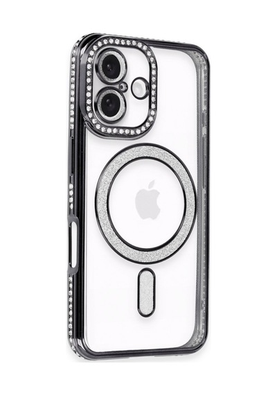 Apple Uyumlu iPhone 16e Kılıf Simli Magsafe Kamera Kenar Taşlı Kapak Siyah