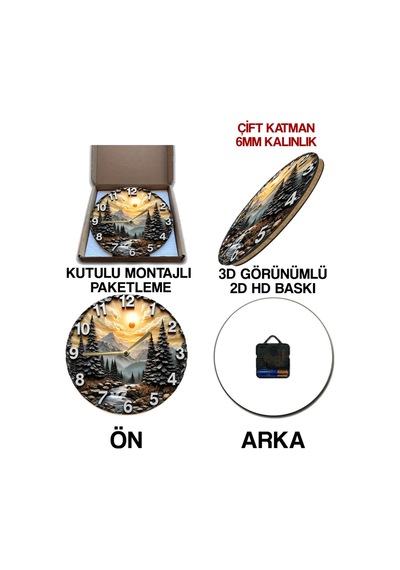 Doğa Temalı 3d Görünümlü Mdf Duvar Saati Gün Batımı Ve Dağ Manzaralı Sdw316 Renkli