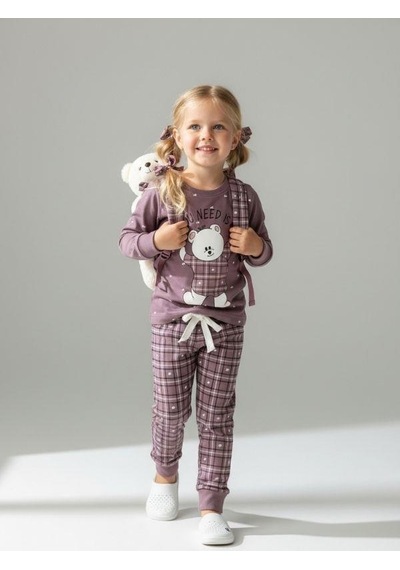 Kız Çocuk Pamuklu Ekose Desenli Ayıcıklı Pijama Takımı-16826 Mor