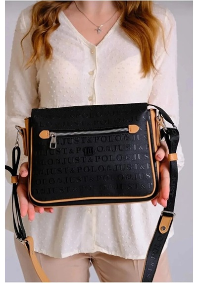 Just Polo Orijinal Kadın 3 Bölmeli Lüks Omuz Çantası Shopper Siyah - Taba