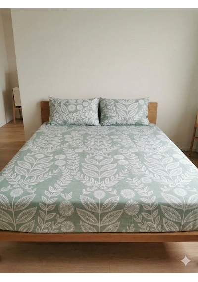Maki Home %100 Pamuklu Çiçek Desenli 160x200+2 50x70 Çift Kişilik Lastikli Çarşaf Ve Yastık Kılıfı Yeşil