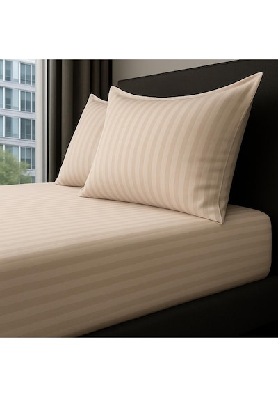 Satin Stripe %100 Pamuk Saten Çift Kişilik Çizgili Lastikli Çarşaf Seti Yastıklı 160x200+30 Bej