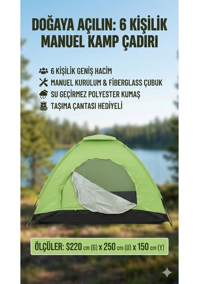 Çadır Su Geçirmez Geniş Kampçı 6 Kişilik 220x250x150cm Barınma Ünitesi Aile Çadırı Macera Malzemesi Çok Renkli