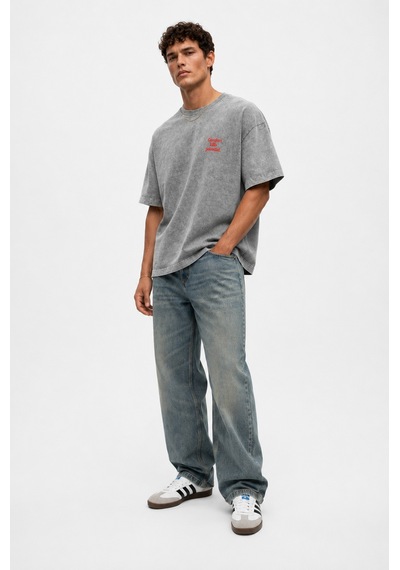 Respire Erkek Puf Baskılı Yıkamalı Oversize T-shirt Gri