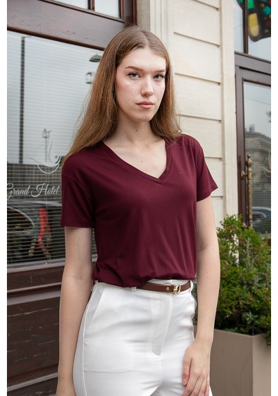 Jument Kadın V Yaka Kısa Kol Likralı Span Kumaş Şık T-shirt Bluz-bordo