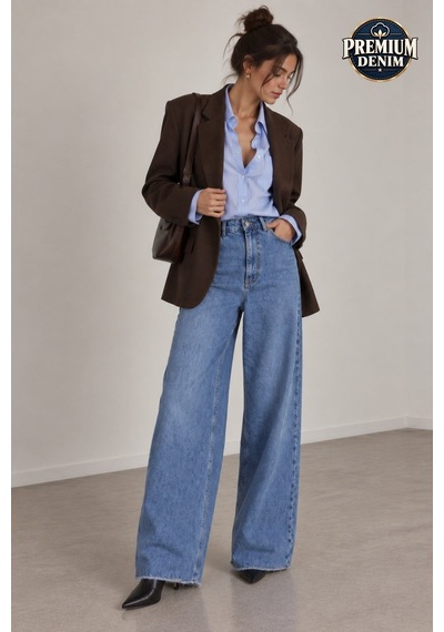 Vadon 1057 Kadın Yüksek Bel Pis Geniş Paça Wide Leg Jean Pantolon Mavi