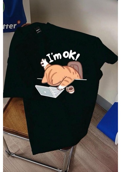 Yorgun Kedi İllüstrasyonlu Unisex Tasarım Tişört SIYAH