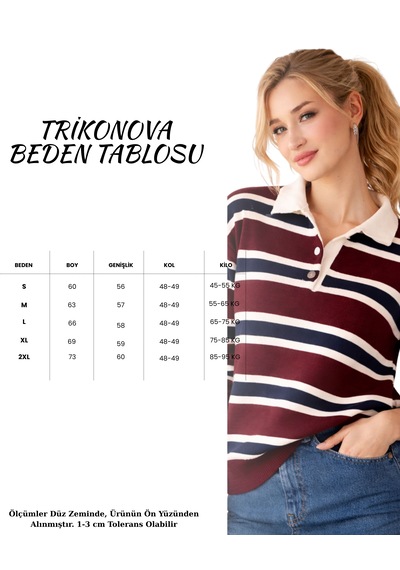 Trikonova Lacivert Çizgili Polo Yaka Düğmeli Triko Kazak Bordo