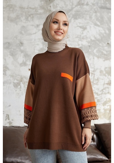 Enmodastyle Kolu Etnik Desen Triko Kazak Tunik Kahverengi