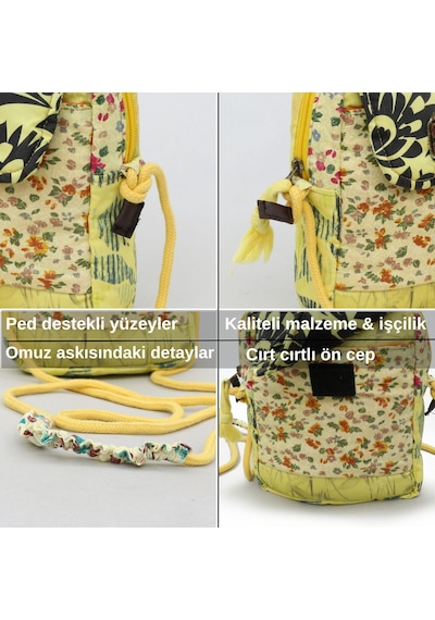 Cappadocia Vintage Kadın Çiçek Desenli Omuz Çantası - Bohem Tarz Mini El Ve Telefon Çantası Sarı - Bej