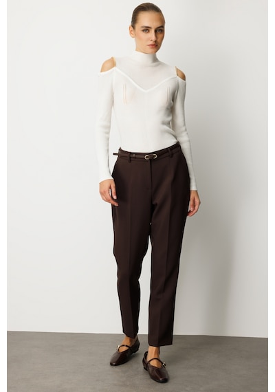 Ekol Kadın Beli Kemerli Dar Paça Pantolon 1013 Kahverengi Kahverengi