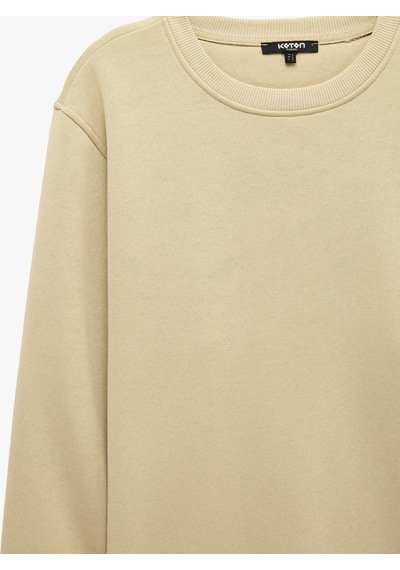 Koton Pamuklu Uzun Kollu Şardonlu Bisiklet Yaka Erkek Basic Sweatshirt Bej 7wam70002mk Ekru