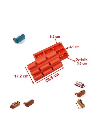 9 Göz Silikon Dikdörtgen Baton Rulo Sabun Mum Çikolata Jöle Pasta Kek Kalıbı 29,5 Cm X 17,2 Cm Kahverengi