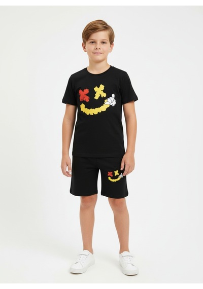 Fyk Kids Yuvarlak Yakalı Yazlık Emoji Baskı Detaylı Kaprili Erkek Çocuk Alt Üst Takım Siyah