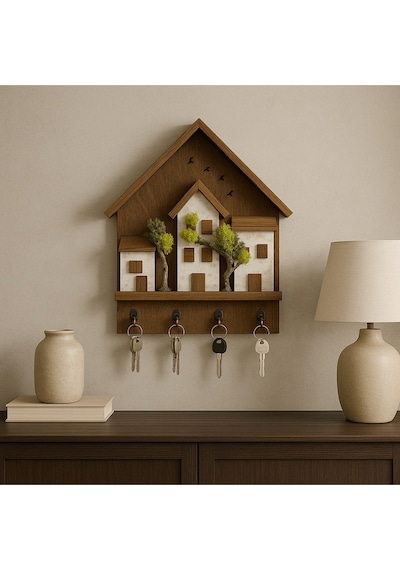 Ahşap Ev Temalı Duvar Askılığı 25x36 Cm 4 Kancalı Anahtarlık , El Yapımı Dekoratif Askı Kahverengi
