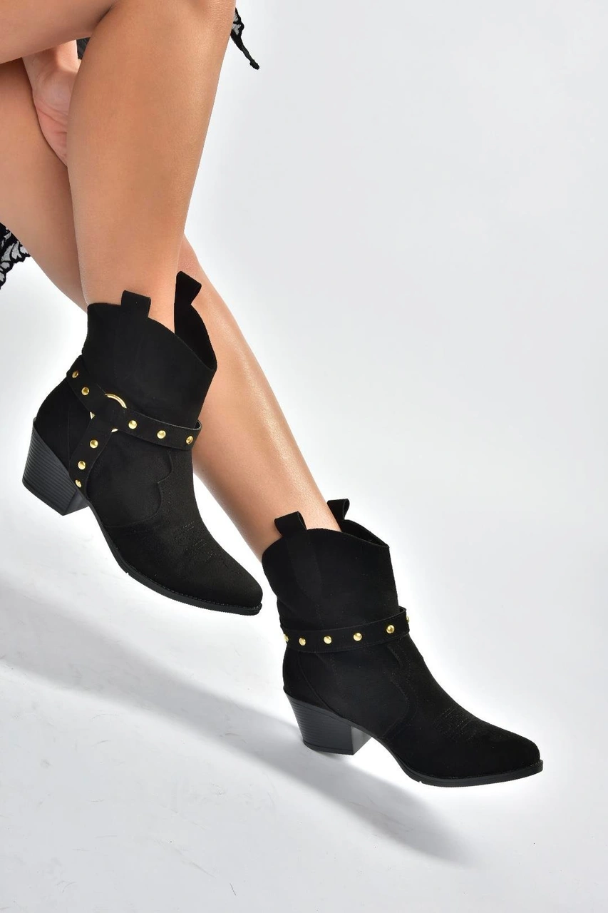 Fox Shoes V820320202 Siyah Süet Kalın Topuklu Kadın Bot Siyah-Süet