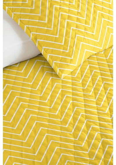 Sarı Geometrik Genç Odası Tek Kişilik Pike Takımı - Modern Zigzag 160x220 Cm Kapitone Yatak Örtüsü Günbatımı Göl Rüyası