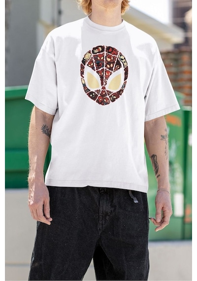 Maske Örümcek Adam Baskılı Unisex Oversize Marvel Tişört Beyaz