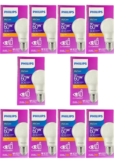 Philips 8w 60w 2700k Sarı Işık E27 Duylu Klasik Led Ampul 10 Adet