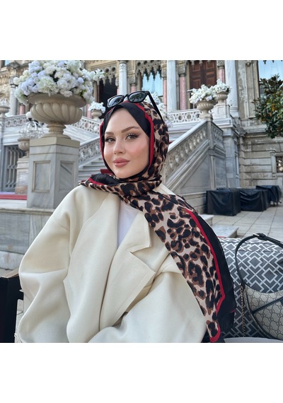 Miorel Scarfs Yeni Sezon Leopar Desen Vual İpek Şal Premium Fular Silk Scarfs Shawl Hijab Kırmızı