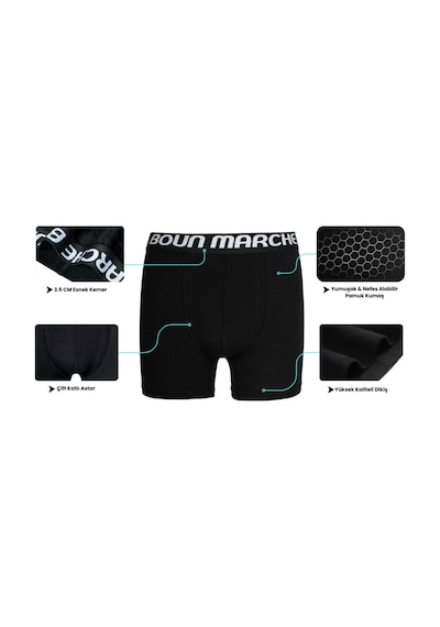 Boun Marche Erkek Boxer Likralı Premium 6'lı Kutu Falcon Siyah