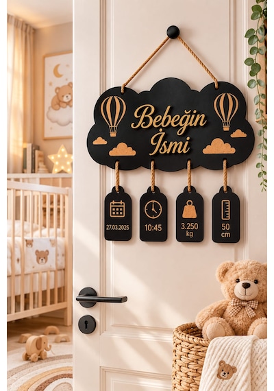 Kişiye Özel Ahşap Pleksi İsimli Bebek Kapı Süsü Yenidoğan Doğum Anı Panosu Hastane Odası Dekoru İsimlik Etiketli Oda Kapı Önü Aksesuarı Siyah Gold