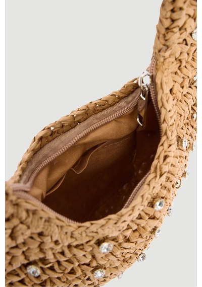 Matthew Cox Taşlı Portföy Clutch Fermuarlı Astarlı Örgü Hasır Yazlık Tatil El Çantası Camel