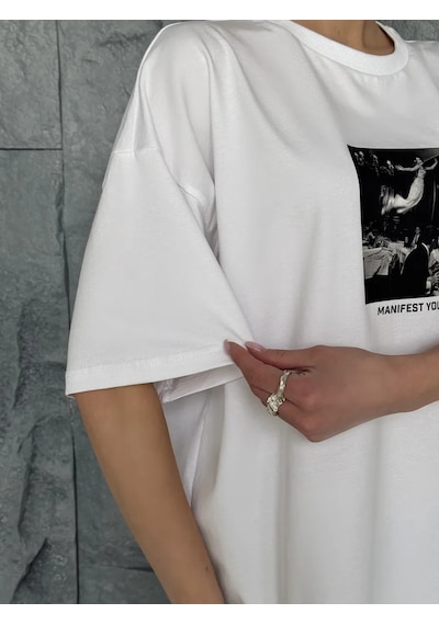 Manıfest Yourself Baskılı Oversize Tişört Beyaz