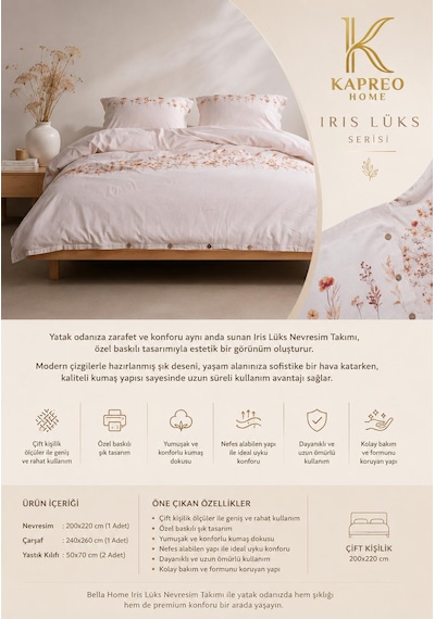 Kapreo Home İris Lux Seri Çift Kişilik Naturel Premium Nevresim Takımı Çok Renkli