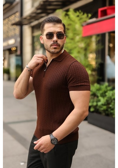 Veraura Lifestyle Erkek Örgü Desen Fermuar Yakalı Triko Tişört Kahverengi