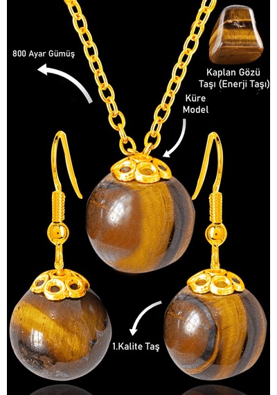 Sertifikalı Gold Küre Model Kaplan Gözü Taşı Kolye Ve Küpe Seti - Çok Renkli