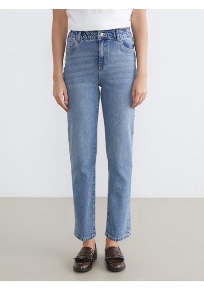 Lcw Comfort İndigo Beli Lastikli Mom Fit Kadın Jean Pantolon