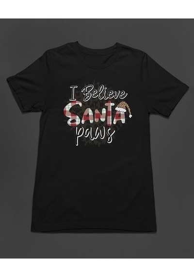 Bumeta Christmas Santa Paws Köpek Baskılı Unisex Tişört T-shirt Siyah