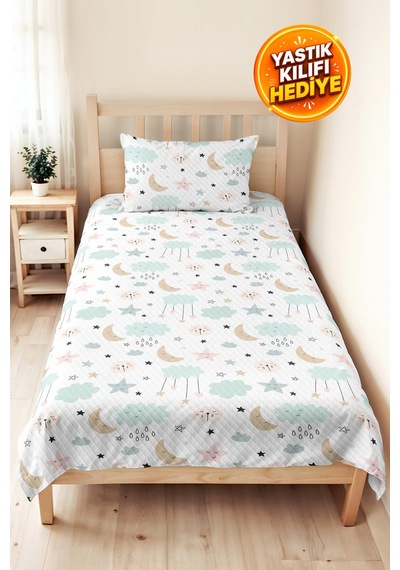 Evimde Bambaşka Bulut Yıldız Pastel Mint Çocuk Odası Tek Kişilik Pike Takımı-ay Bulut Pudra 160x220 CM Yatak Örtüsü Evimde Bambaşka Bulut Yıldız Pastel Mint Çocuk Odası Tek Kişilik Pike Takımı-ay Bulut Pudra 160x220 CM Yatak Örtüsü