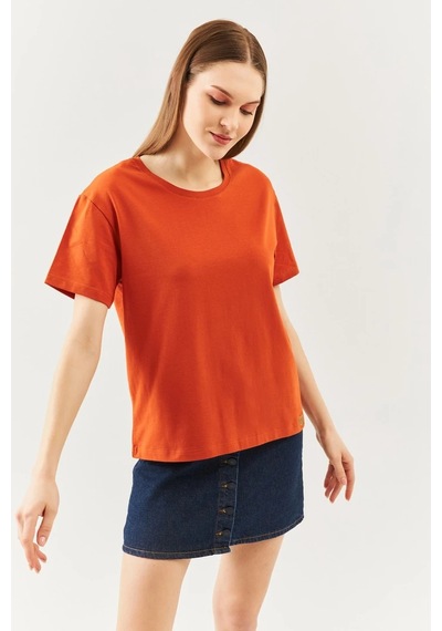 Kadın Rahat %100 Pamuklu Penye Bisiklet Yaka Kısa Kol Basic T-shirt Kiremit