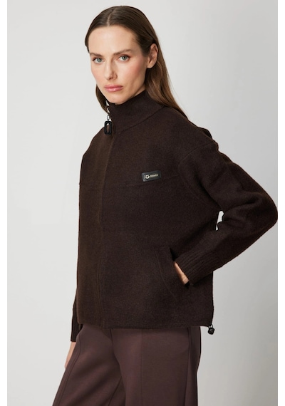 On Fashion Kadın Beli Lastikli Dik Yaka Fermuarlı Kahverengi Hırka 60937 Kahve