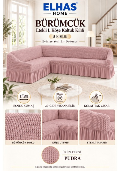 Bürümcük Kumaş 5 Kişilik Etekli L Köşe Koltuk Kılıfı Pudra - 934819522 Pudra